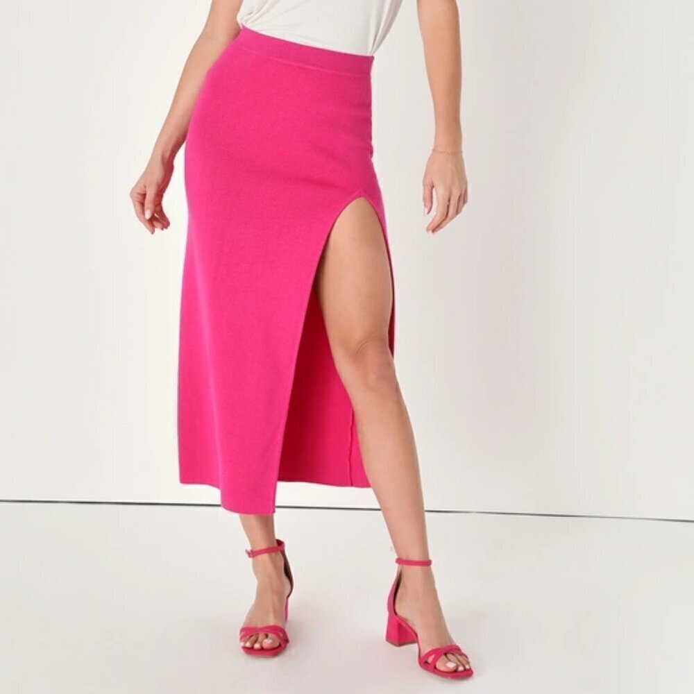 Lulus Ribbed Knit Side Slit High Rise Sweater Midi Skirt Hot Pink Size M